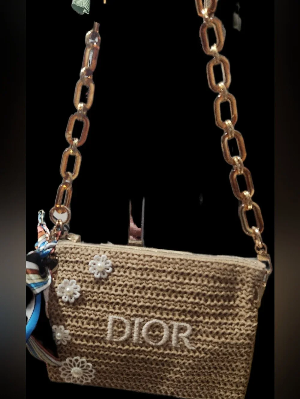 Dior Straw Crossbody Bag in Brown with Floral Embellishments